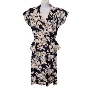 Vintage 1940s Peplum Blue Floral Midi Tea Dress 14 Retro Pin Up Girl